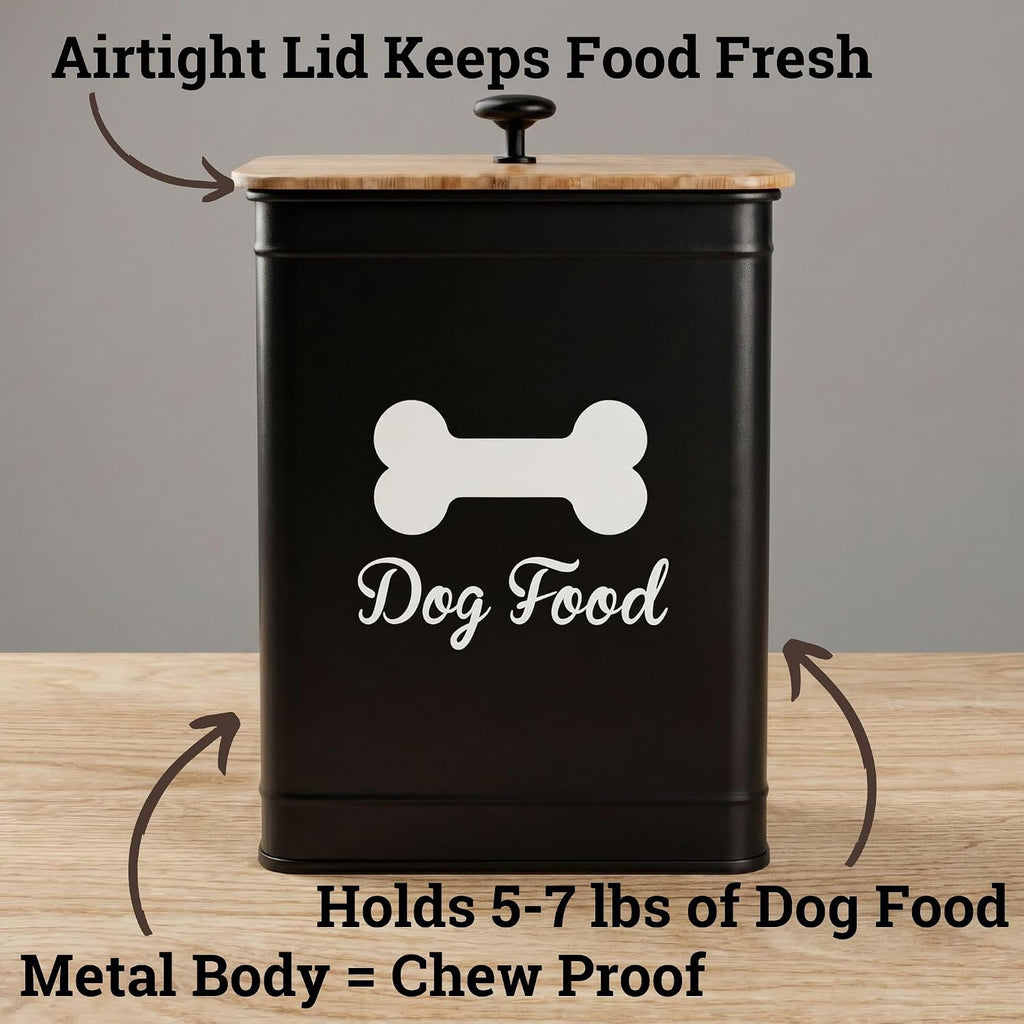 Metal Dog Food Container 5-7lb, 25 Cup w/ Airtight Bamboo Lid, Metal Handle