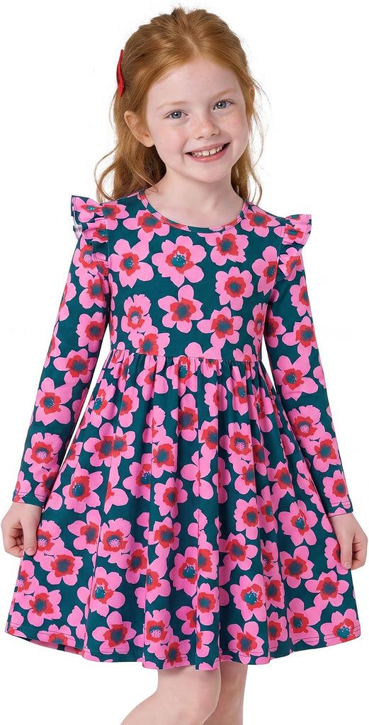 Girls Cotton Long Sleeve Cute Pattern Dress with Pockets