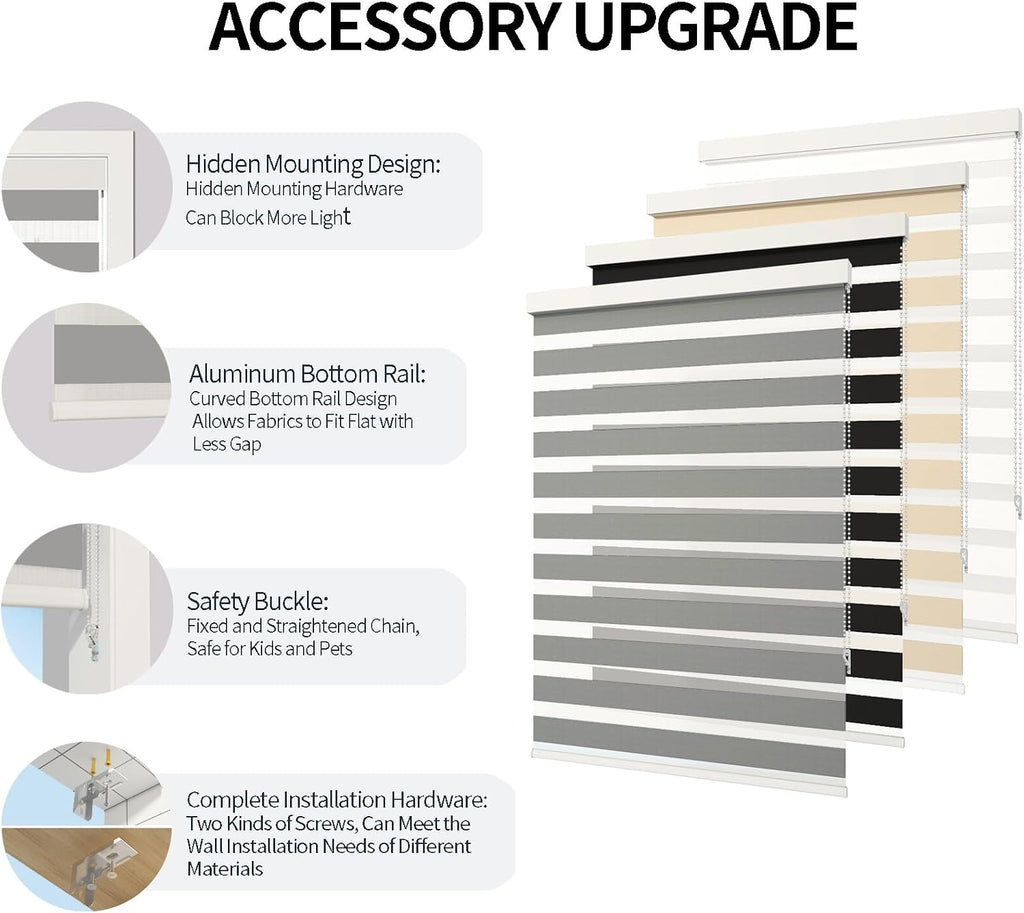 Zebra Blinds for Windows (27" W x 72" H, Grey) Zebra Roller Window Shades, Corded Dual Layer Light Filtering Privacy