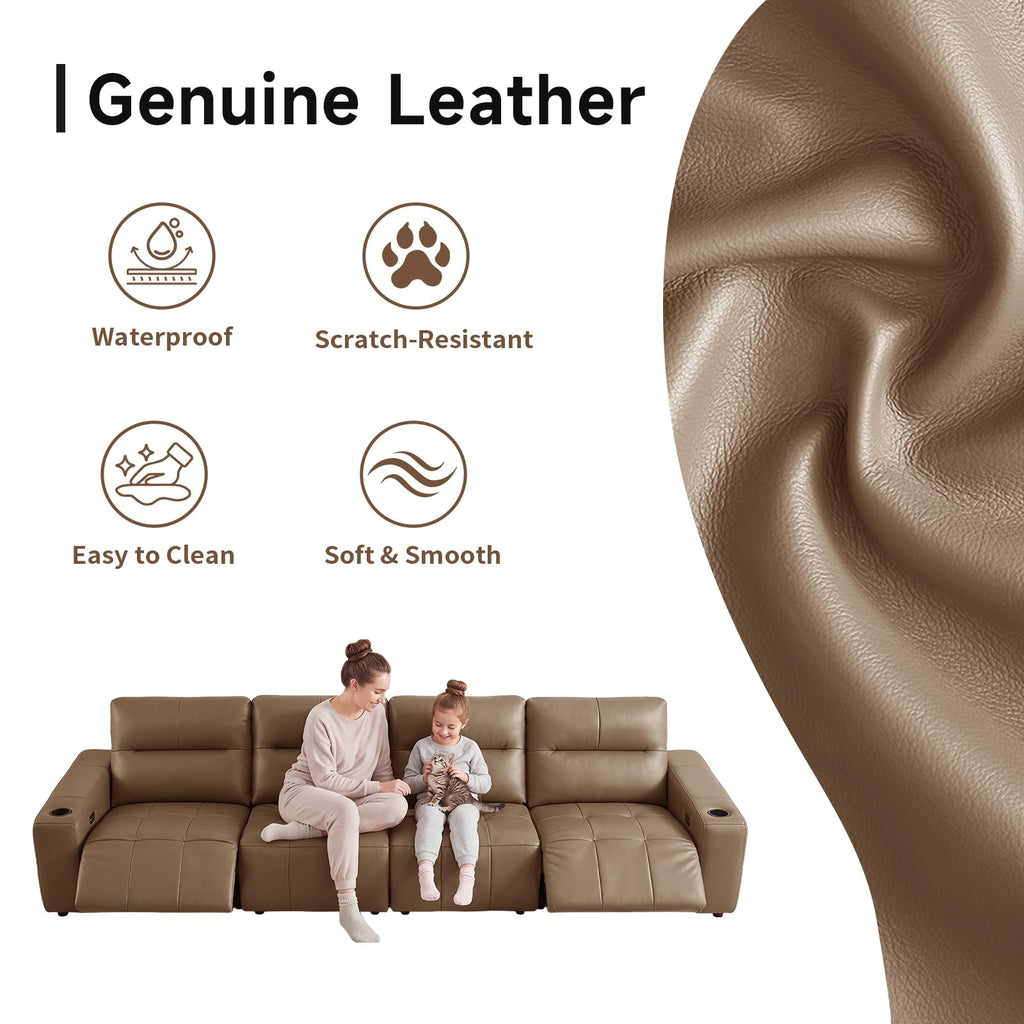Power Recliner Sofa Genuine Leather Wall Hugger Recliners with USB Port 4-Seater Sofas with 2 Cup Holders, Brown