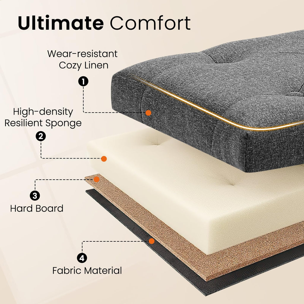 Storage Bench, Upholstered Linen Ottoman Bench with Button-Tufted, Folding Bedroom Bench with Wood Legs, Entryway