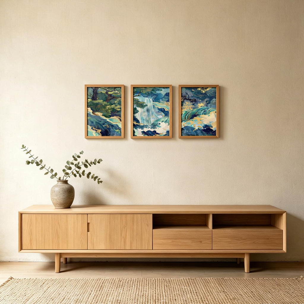 Japanese Waterfall Landscape Wall Art, 3-Piece Wooden Framed Asian Canvas Painting, Teal Gold Nature Zen Wall Decor
