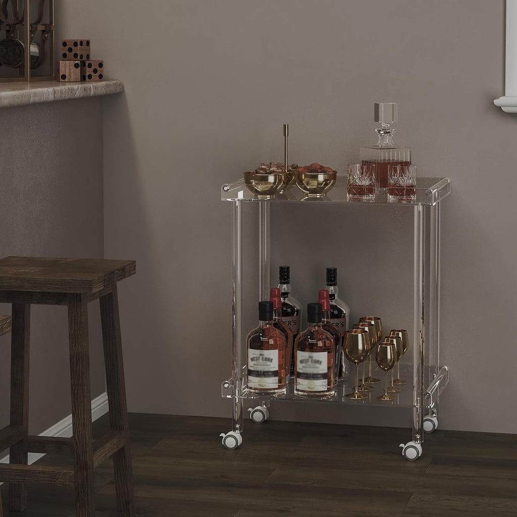 Acrylic Bar Cart, Rolling Serving Cart with 4 Lockable Wheels for the Home Bar, Kitchen, Living Room, Modern, 2-Tier
