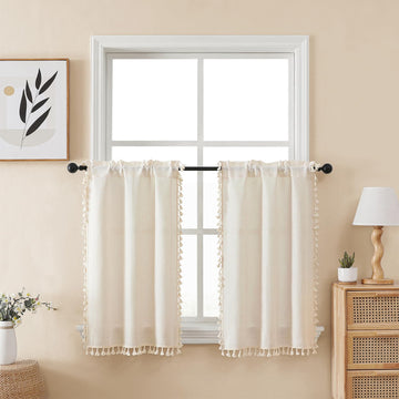 24x36 Boho Linen 2 Panel Set Cafe Window Curtain Drapes, Cream/Beige
