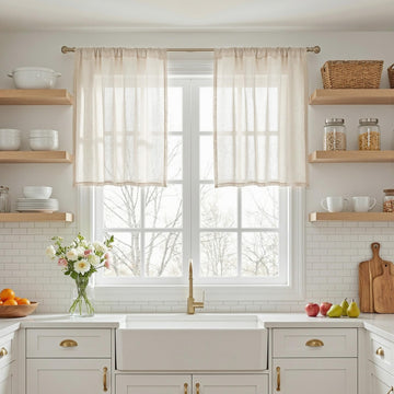Semi Sheer Natural Linen Curtains 36 Inch Length 2 Panels, Light Filtering Cream Tiers Curtains Rod Pocket Neutral