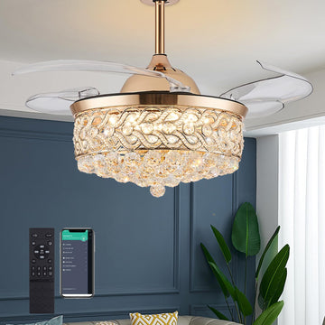 48" Modern Gold Fandelier,Dimmable Crystal Ceiling Fan with Light and Remote, Chandelier Ceiling Fans with Invisible