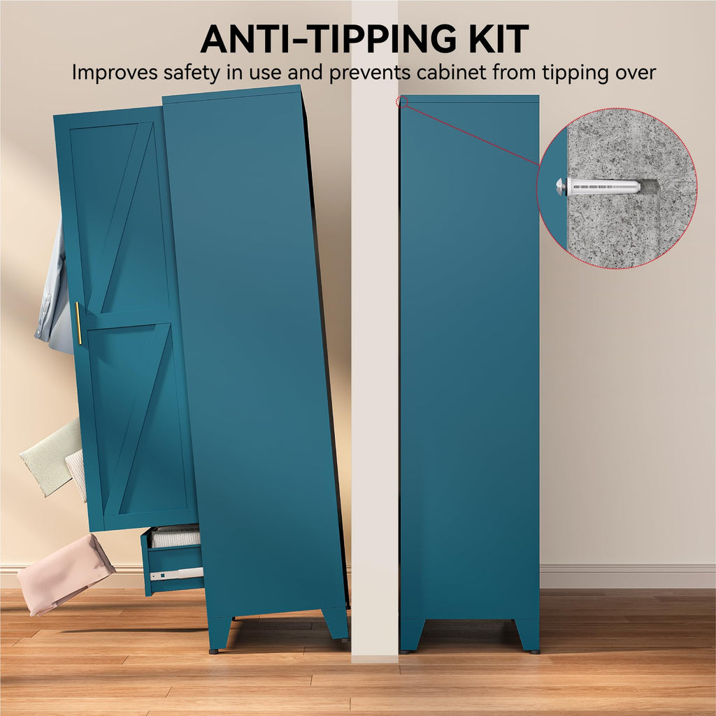 Metal Wardrobe Closet, 71" Armoire Cabinet with Drawer & Hanging Rod, Freestanding 2-Door Clothing Storage with