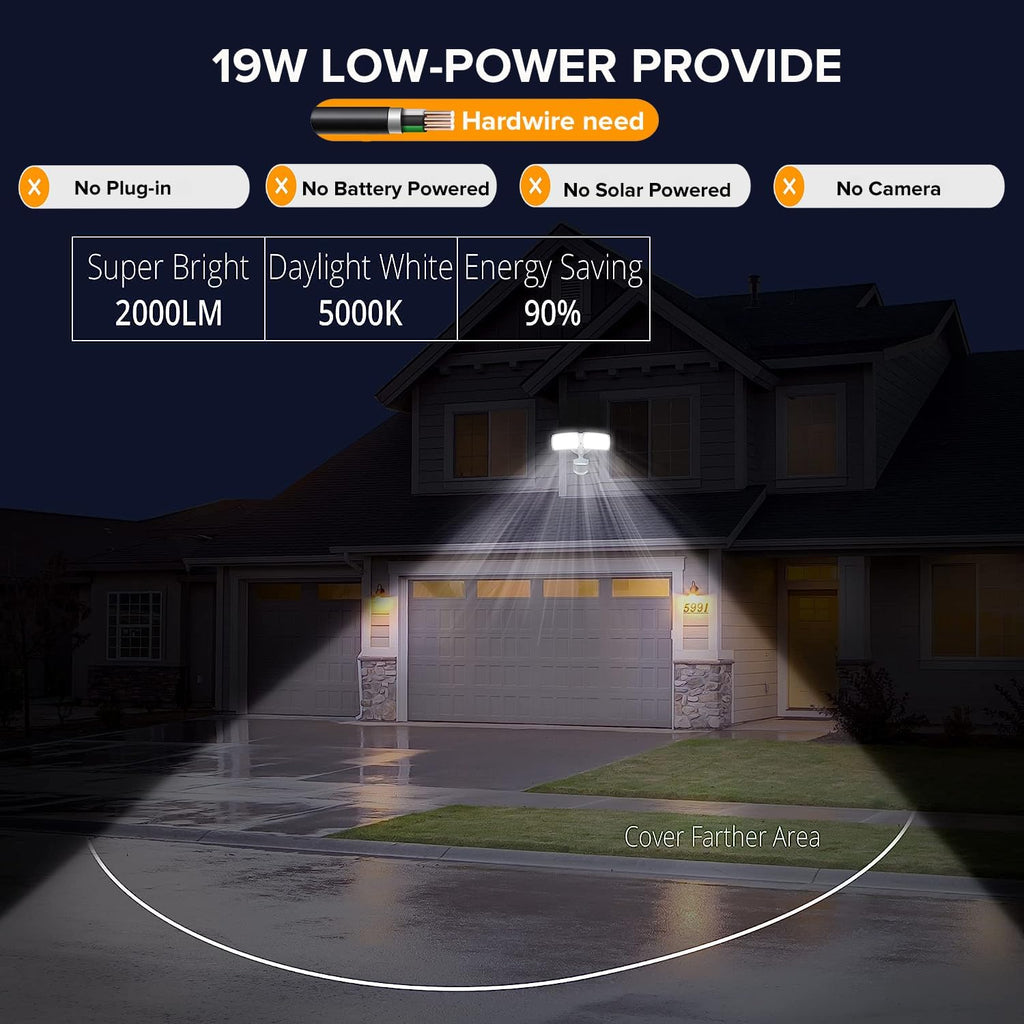 2 Pack 19W LED Flood Light Motion Sensor Outdoor, 2 Adjustable Head, 2000LM, 5000K, IP65 Waterproof, Dusk to Dawn