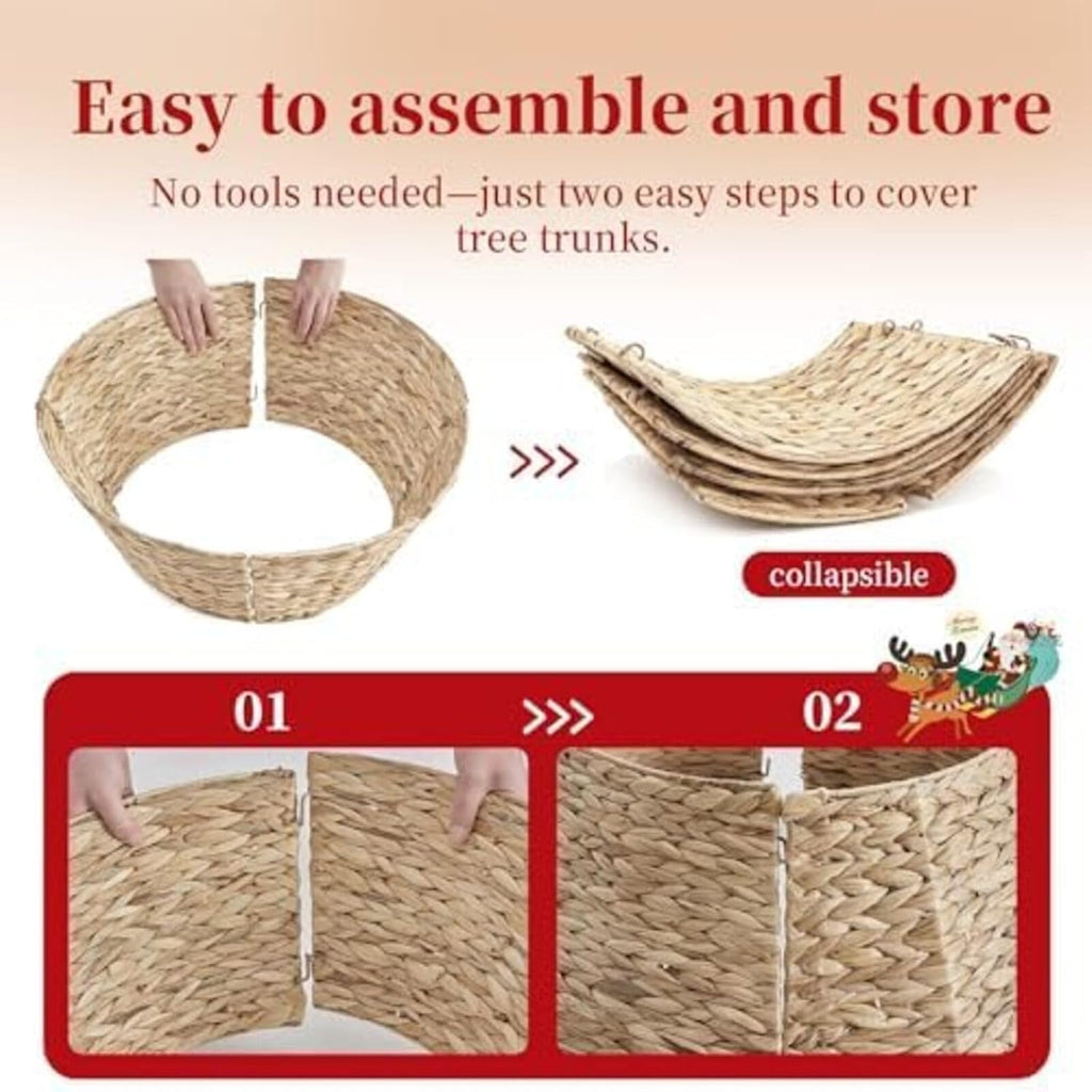 36-inch Christmas Tree Collar for 8-11ft Trees, Woven Hyacinth Rattan 4-Panel Collar w/Cord Access Hole & Easy Lock
