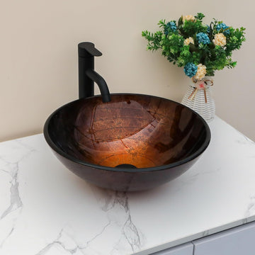 Artistic Vessel Sink Bathroom Vessel Sink Round Brown Tempered Glass Vanity Round Bowl With Pop-up Drain 16-1/2