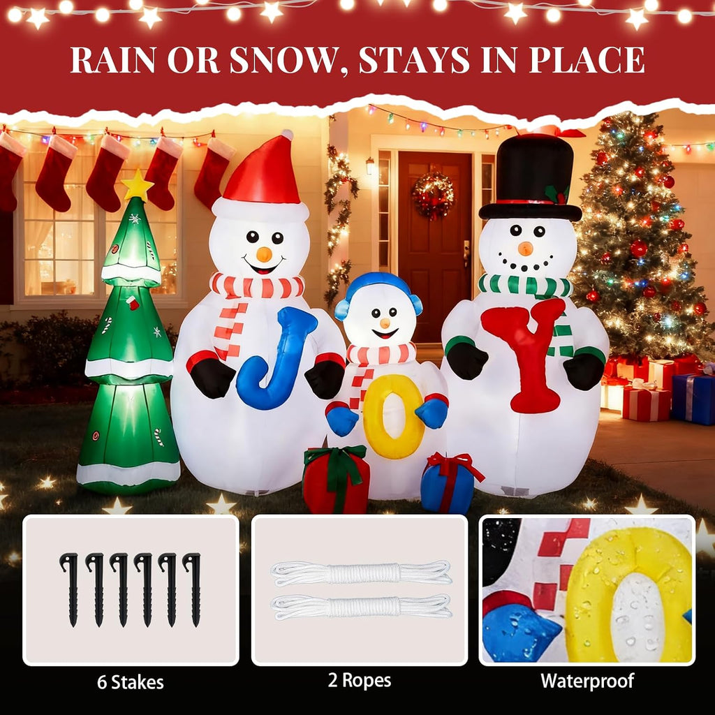 8FT Lighted Christmas Inflatables Decoration, Inflatable Snowman Family with Joy and Xmas Tree, Funny Blow Up Decor
