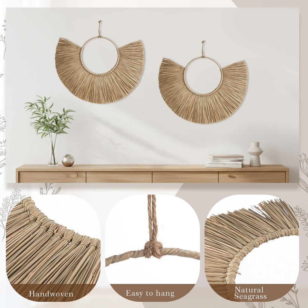 2 Pcs Woven Seagrass Boho Fan Wall Decor