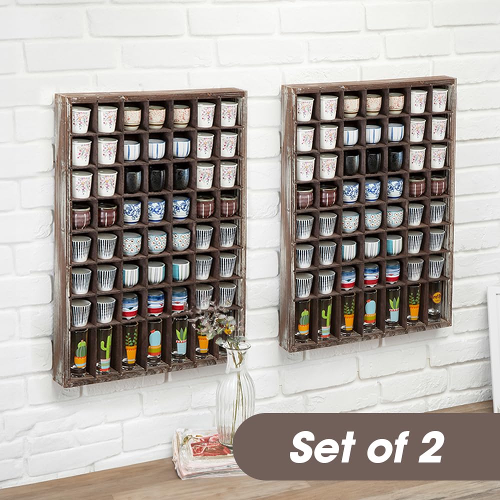 Shot Glasses Display Case(Set of 2) 56 Compartments Wall Mount Pint Glass Shadow Box Bar Cabinet Collection
