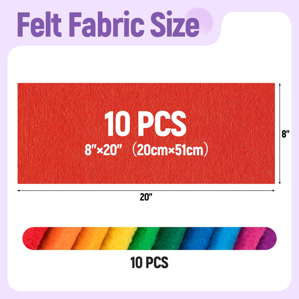 10 Sheets Felt Fabric for Crafts, 8x20 Inch 1.4mm Thick (Rainbow)