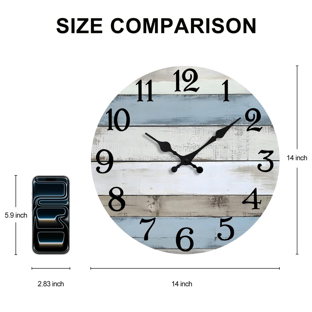 14 Inch Wall Clocks Battery Operated, Silent Non Ticking Wall Clock Wood, Coastal Country Design Rustic Wall Clocks