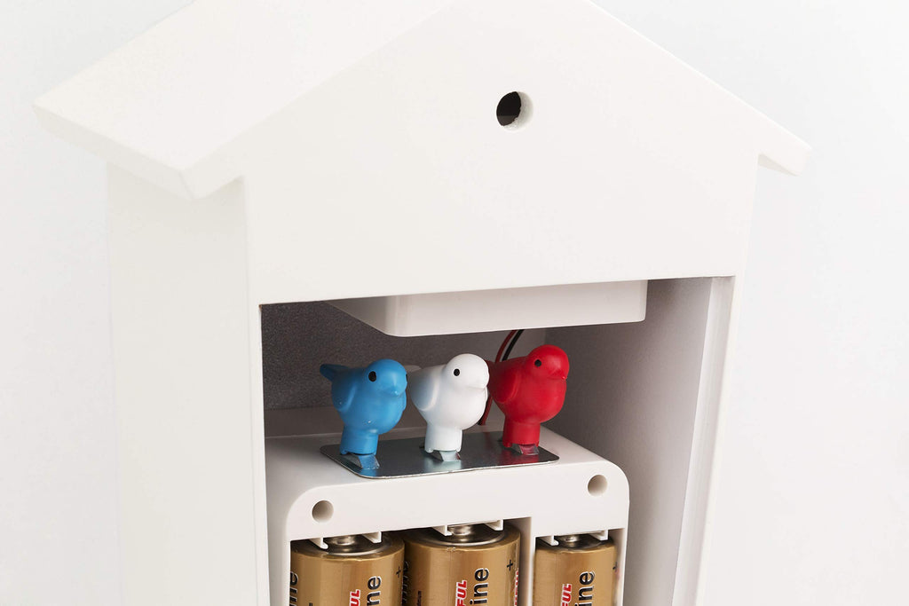 Birdhouse White, modern design cuckoo clock with 12 natural bird voices or cuckoo call