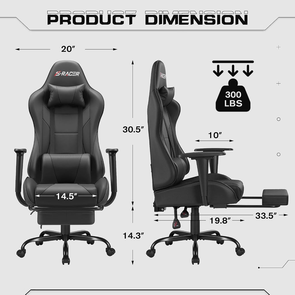 Gaming Chairs, Computer Chair with Footrest and Massage Lumbar Support, Height Adjustable Game Chair with Headrest
