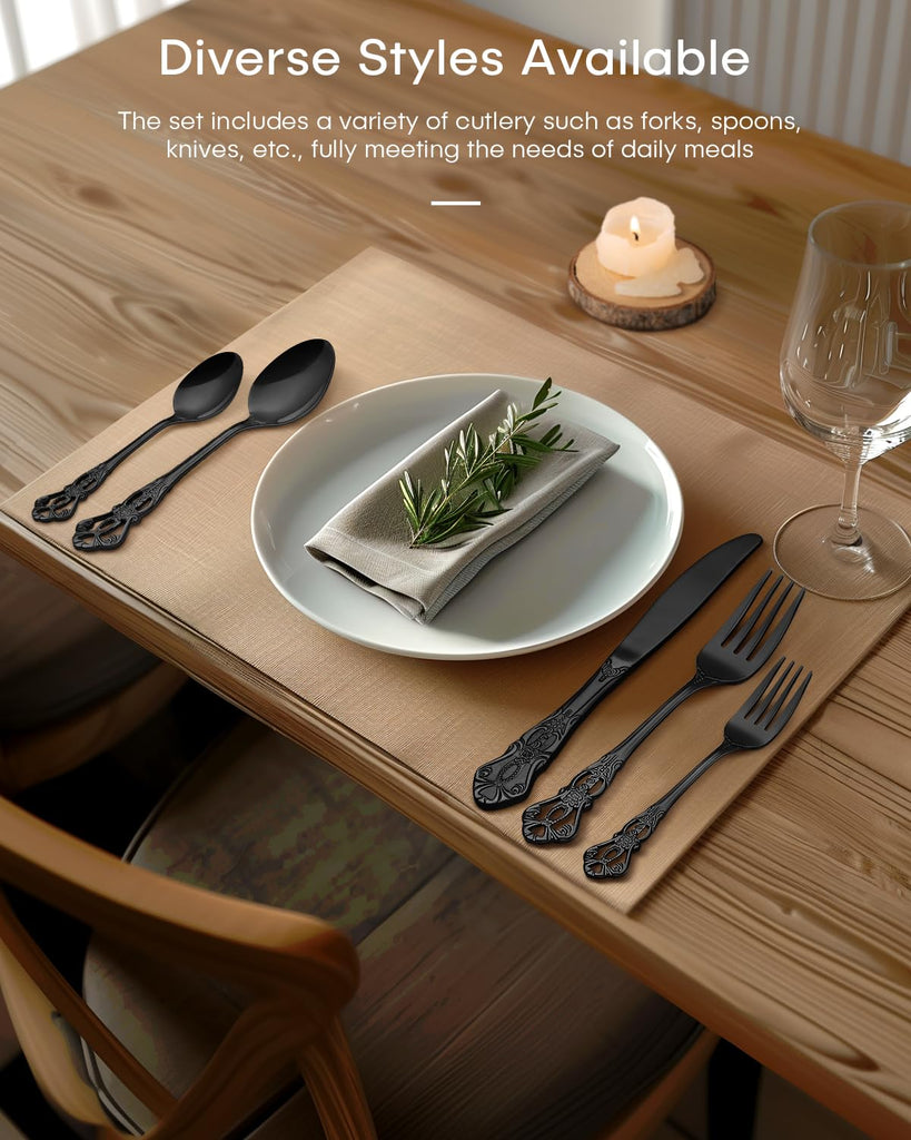 Black Flatware Set, 20 Pcs Retro Royal Black Silverware Set for 4 with Mirror Polish Stainless Fork Spoons Knives