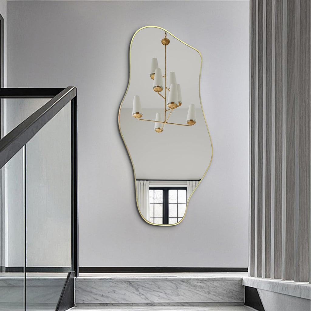 Irregular Wall Mirror, 47.2"x21.6" Gold Asymmetrical Frameless Mirror, Modern Organic Shaped Mirrors Bedroom Hallway