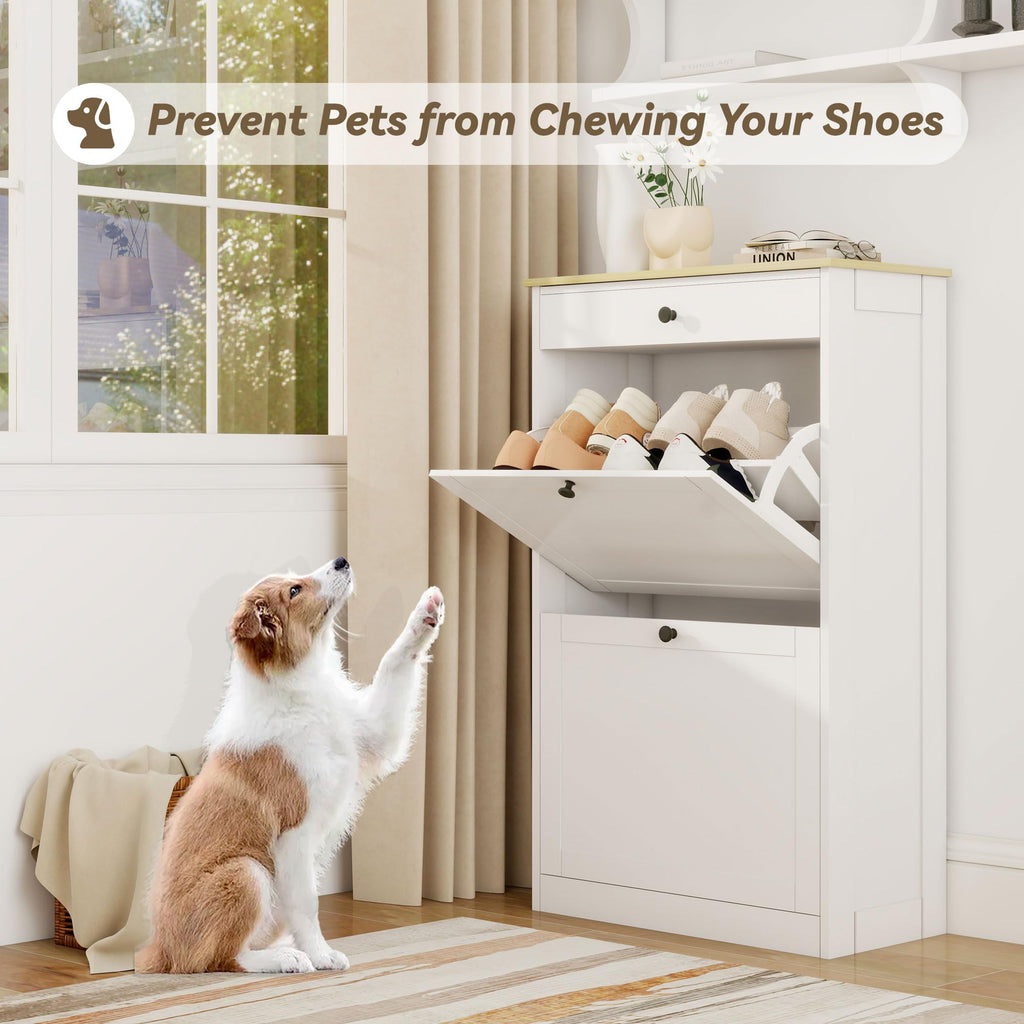 Shoe Storage Entryway with 2 Flip Drawers, Narrow Wooden Shoe Cabinet