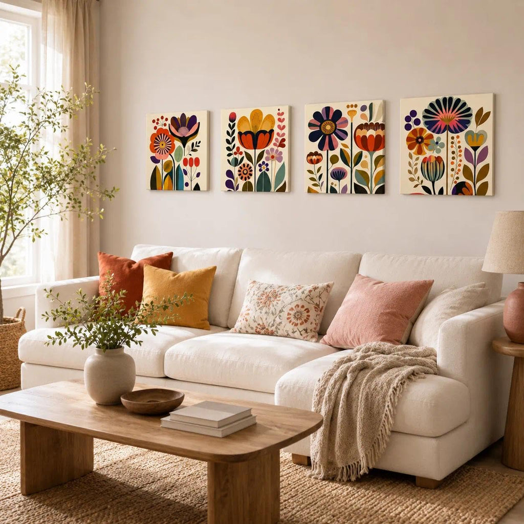 Mid Century Modern Floral Wall Art Set of 4, 12 x 12 Inch