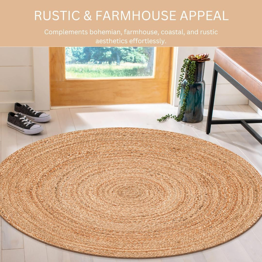 Handcrafted Jute Braided Rug 8 Feet Round - 100% Natural Jute Area Rug - Rustic Farmhouse Boho Accent Rug Bedroom