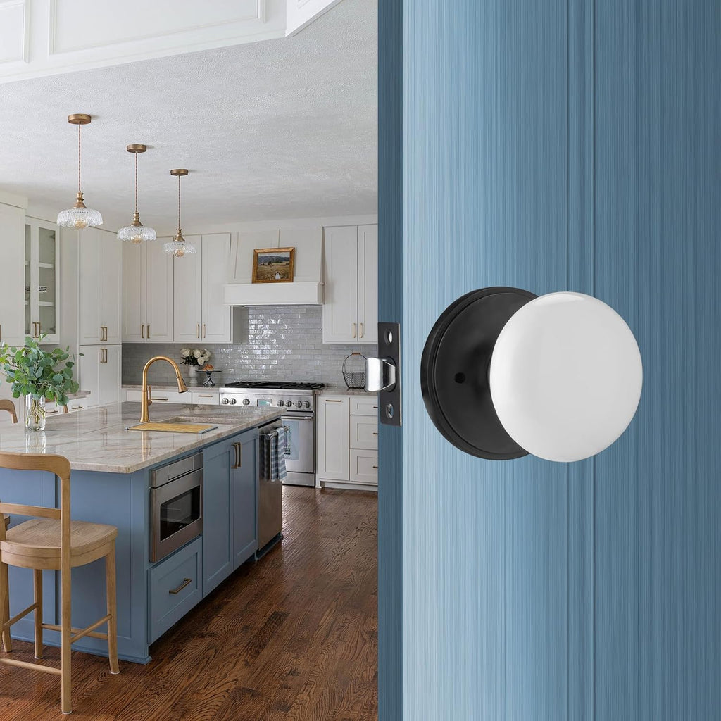 White Door Knobs, Porcelain Round Door Handle with Matt Black Plate