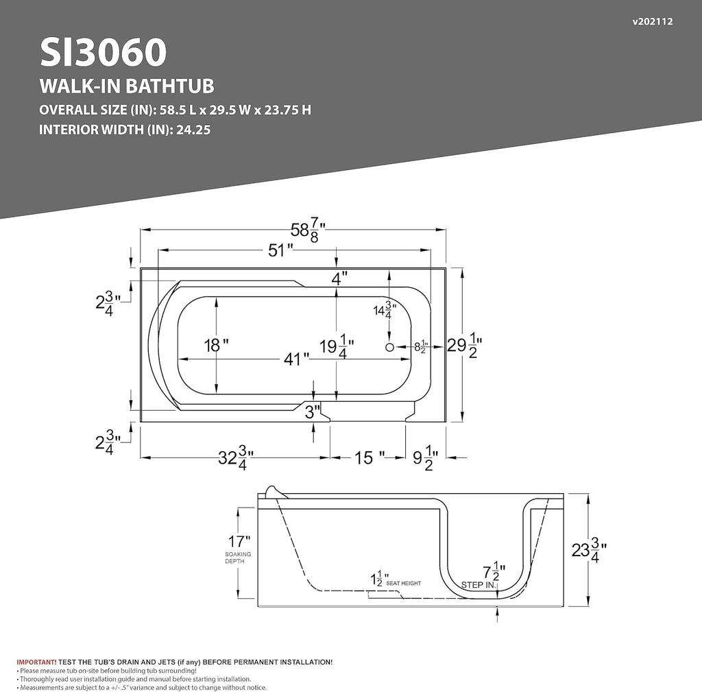 Walk-In Tub 60'' x 30'' Acrylic, Left Drain, Easy Step Low Threshold, Non-Slip Floor, Modern Chrome Details, Glossy