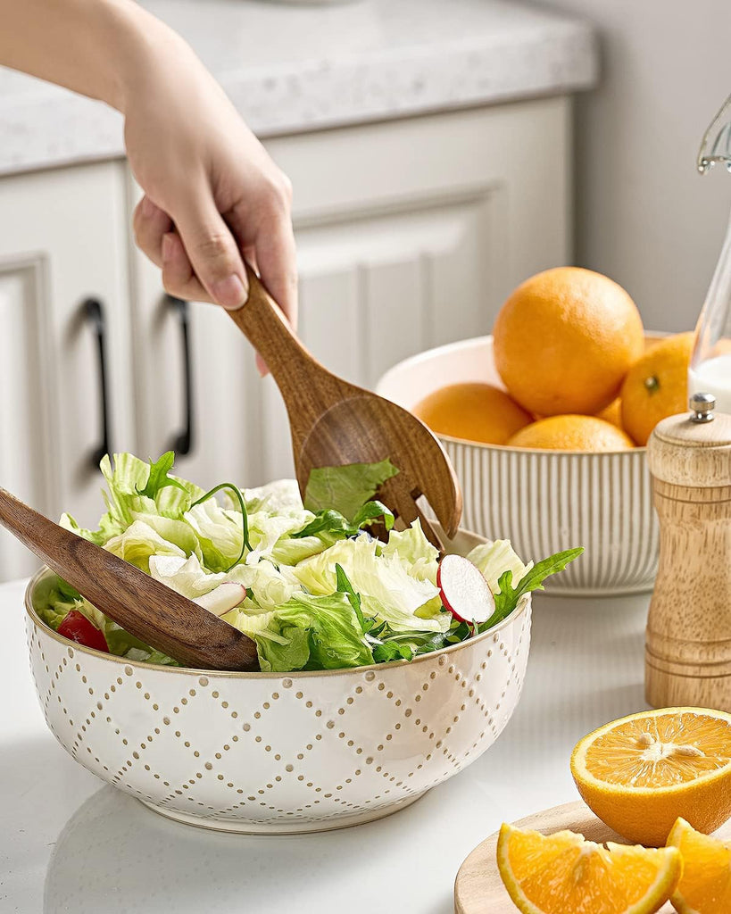 Large Serving Bowls (8 inch & 60 fl oz), Ceramic Salad Bowl Set of 2, Microwave and Dishwasher Safe, Farmhouse