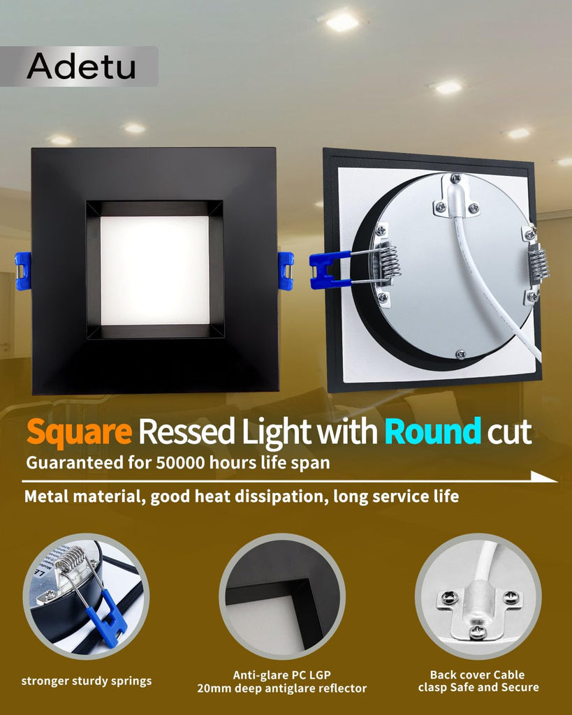 6 Pack 4 Inch Black Anti-Glare LED Downlight, Ceiling Light, Square