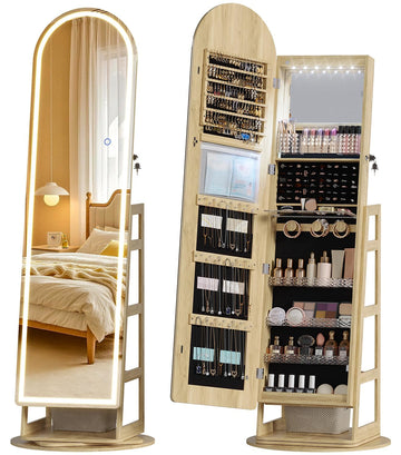 LED Arched Mirror Jewelry Cabinet Standing, Lockable Jewelry Armoire