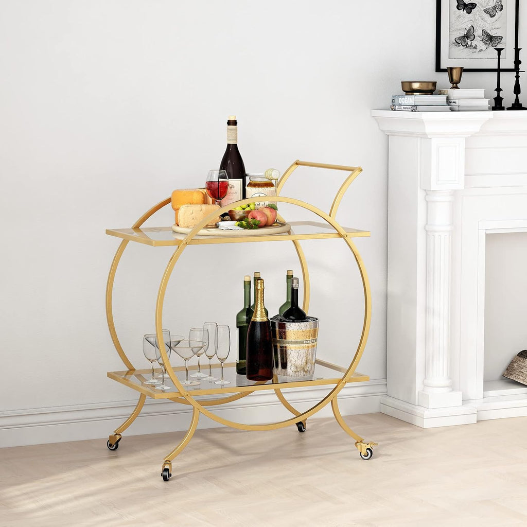Gold Bar Carts for The Home Bar Serving Cart, Rolling Bar Cart Gold with Lockable Caster Wheels, Glass Bar Carts with