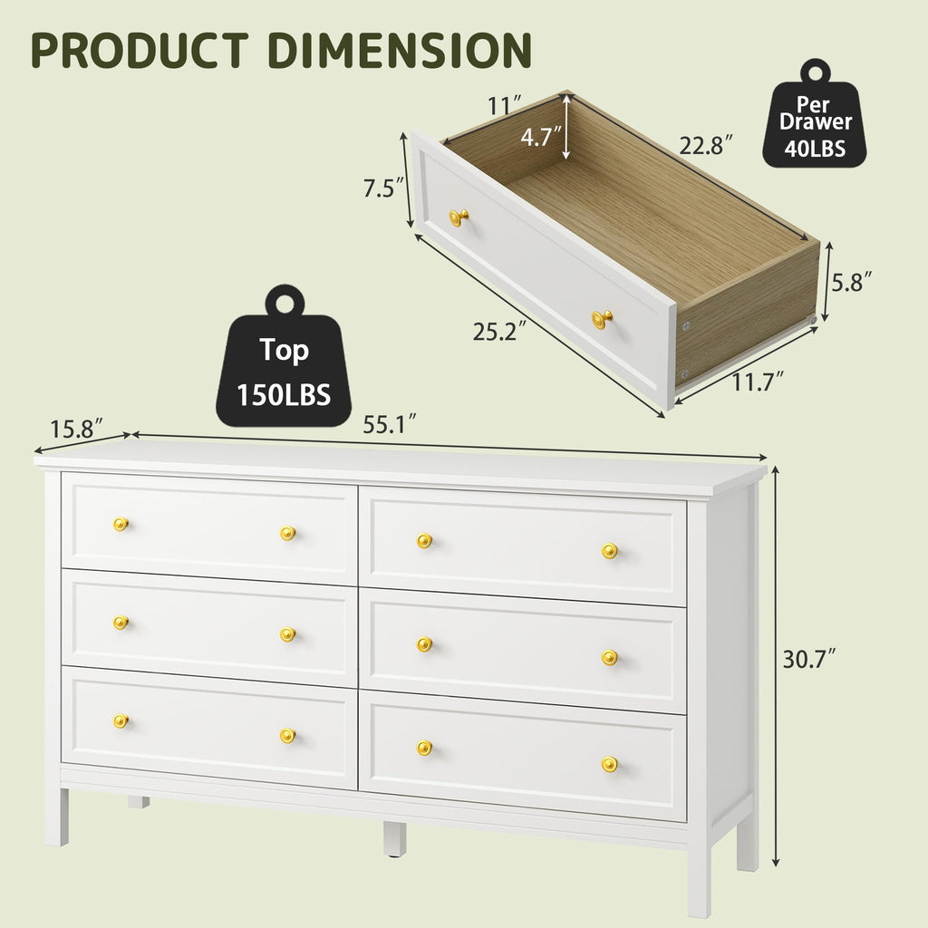 White, 55" Modern with 6 Drawers Gold Handles