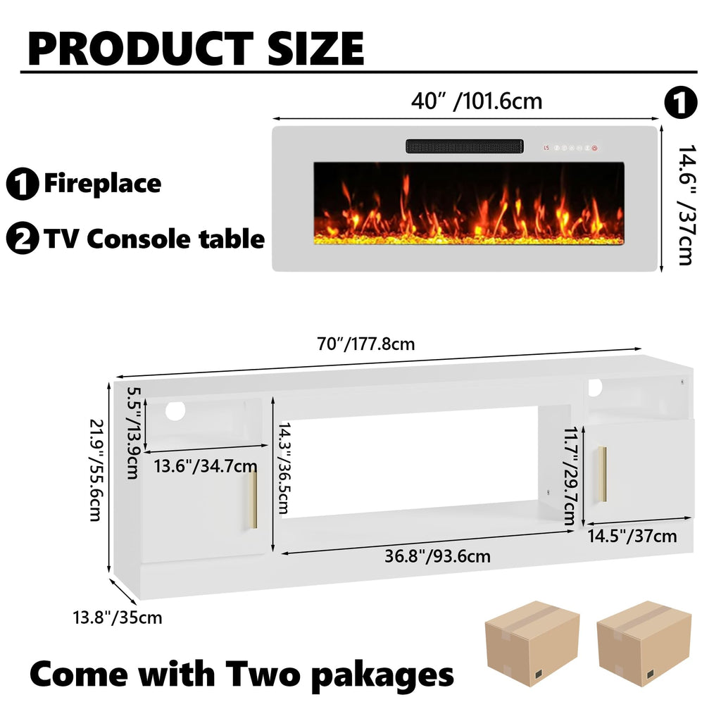 With 40'' Electric Fireplace, 70'' TV Media Entertainment Center with Fireplace Up to 80 inch, Modern LED TV Console