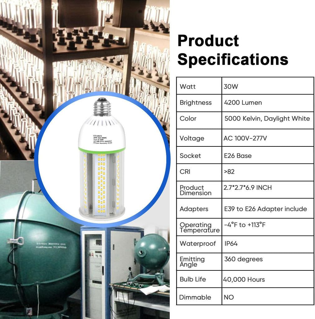 30W LED Corn Light Bulb,300W Equivalent,5000K Daylight,E26/E39 Base,4200 Lumens - Replace CFL/HPS/HID