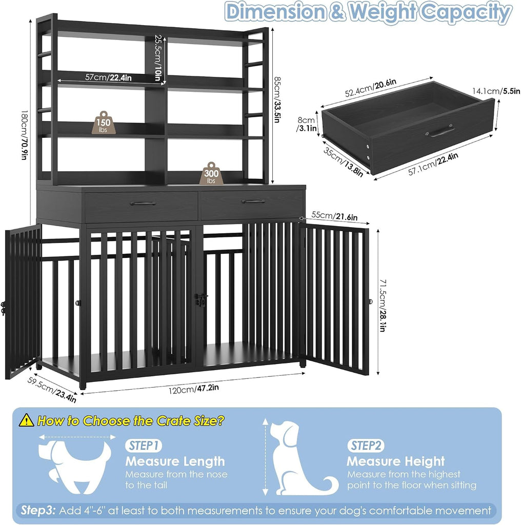 Large Dog Crate Furniture with 4-Tier Shelves and 2 Storage Drawers, Heavy Duty Dog Cage Furniture