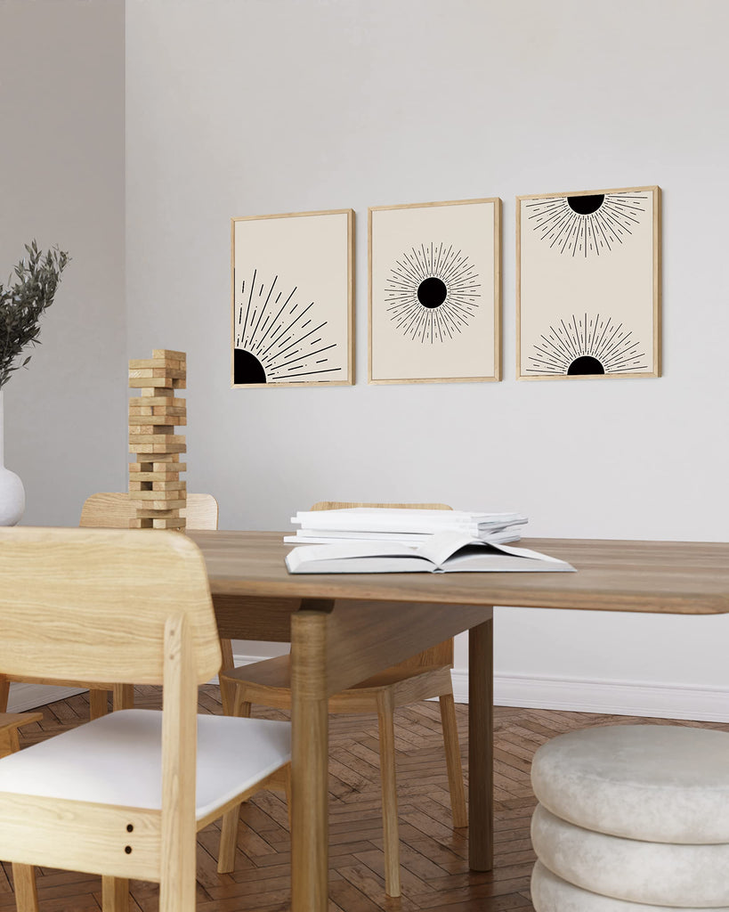 Boho Canvas Art - Set of 3 Minimalist Celestial Decor, Bedroom Wall Decor Above Bed, 3 Piece Art, Black and White
