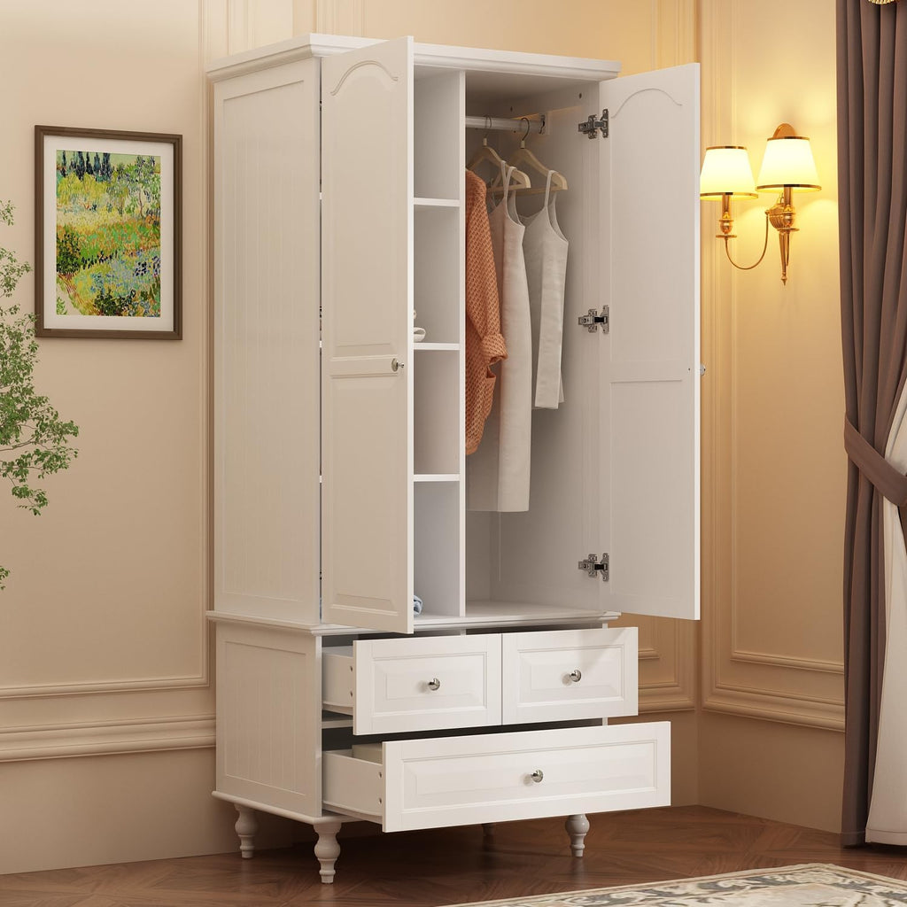Bedroom Armoire Wardrobe Cabinet with 3 Drawers & Rod, White | 2 Doors Wood Armoire Closet with Hanging Rod, 3