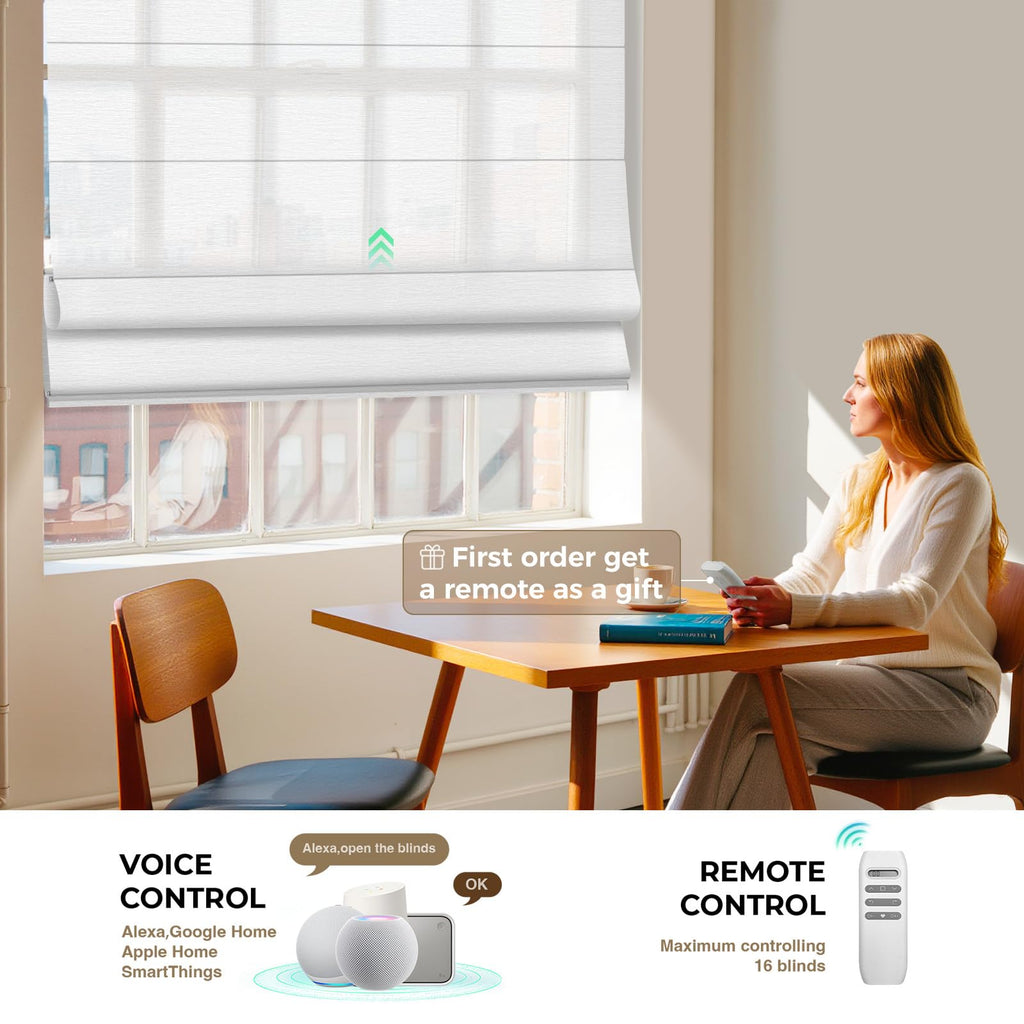 Motorized Roman Shades with Remote, Light Filtering Smart Blinds