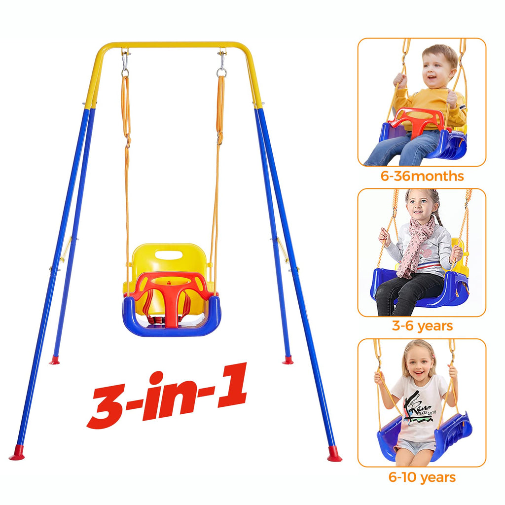 Toddler Swing with Foldable Metal Stand for Toddlers Aged 1~10 Years, 3-in-1 Baby Swing Set with 4 Sandbags for