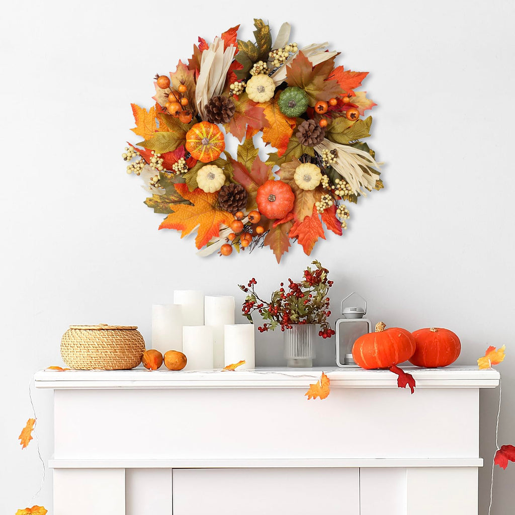 24 Inch Fall Wreaths for Front Door, Autumn Pumpkin Maple Wreath with Hanger