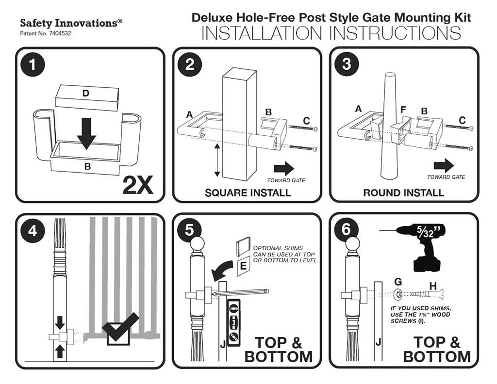 No Hole Stairway Baby Gate Mounting Kit - Fits Posts from 2 3/4 inches to 3 1/2 inches Wide with Square or Round Tops