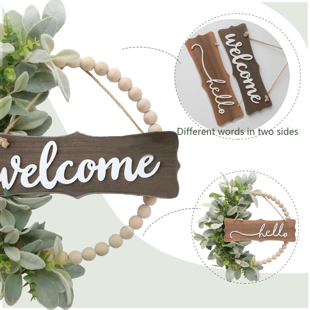 Green Wreath for Front Door, Wood Bead Wreaths with Artificial Lambs Ears Leaves, Hello and Welcome Door Sign Wreath