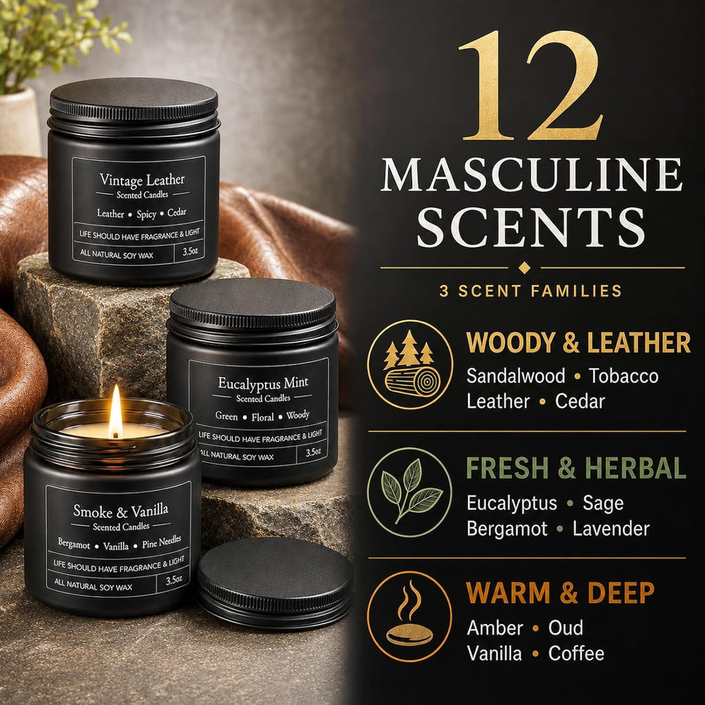 12 Pack Scented Candles for Men, Masculine Soy Candle Gift Set, 3.5 oz Each, Woody Leather Tobacco Coffee & Amber
