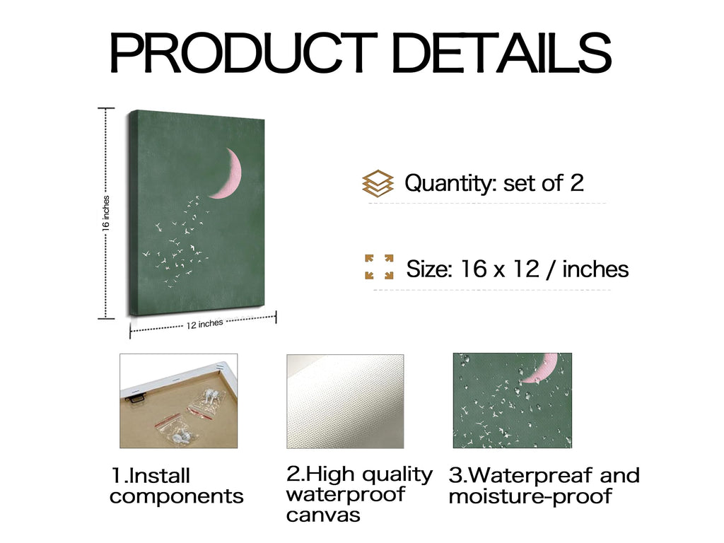 Pink and Green Moon Canvas Canvas Wall Art Set of 2, 12x16 Inches