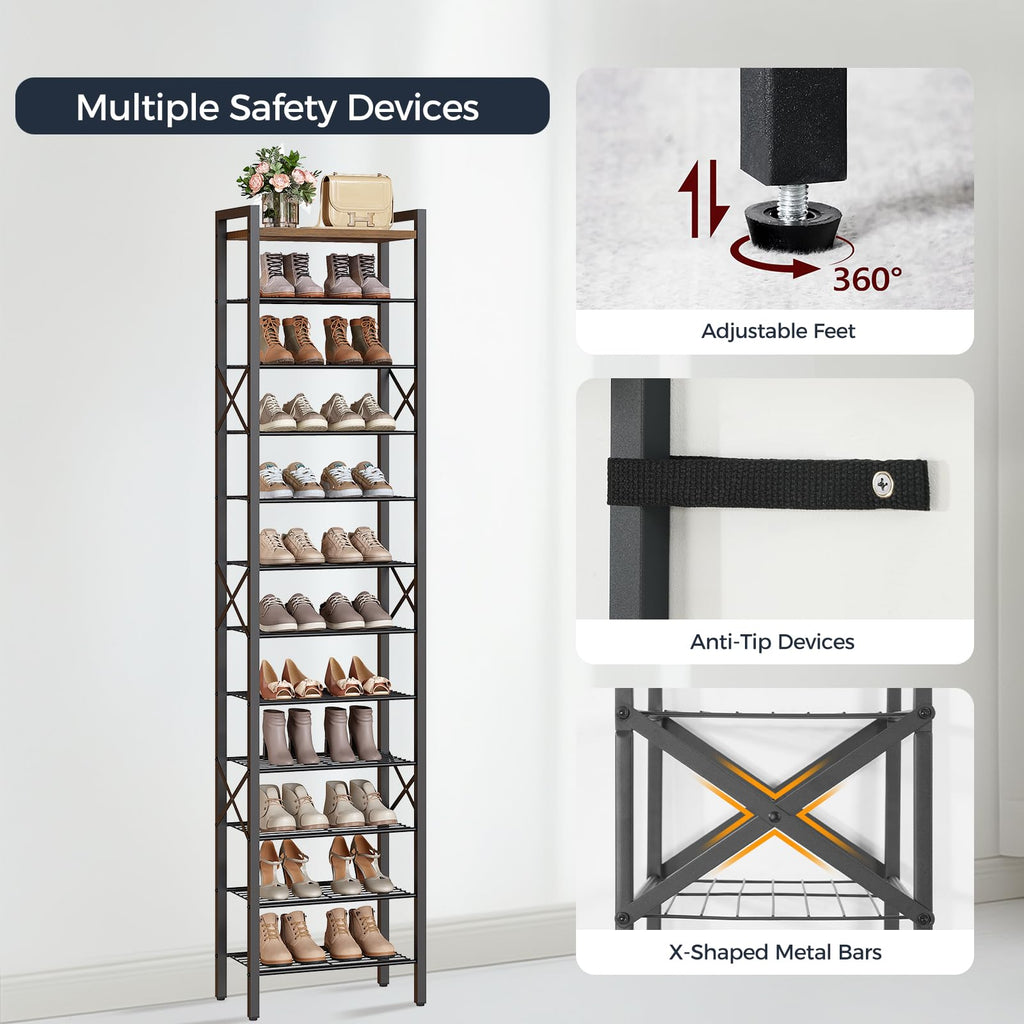 12-Tier Narrow Shoe Rack, Tall Shoe Rack for 12-24 Pairs, Slim Shoe Storage Organizer with Wooden Top, Space Saving