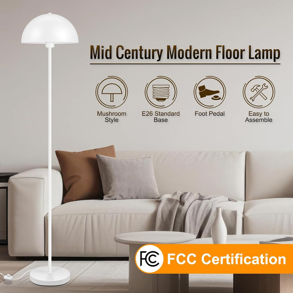 Modern Floor Lamps, White Metal Mushroom Lamp, 66" Tall Corner Lamp, Footswitch, Bright Industrial Standing Lamps