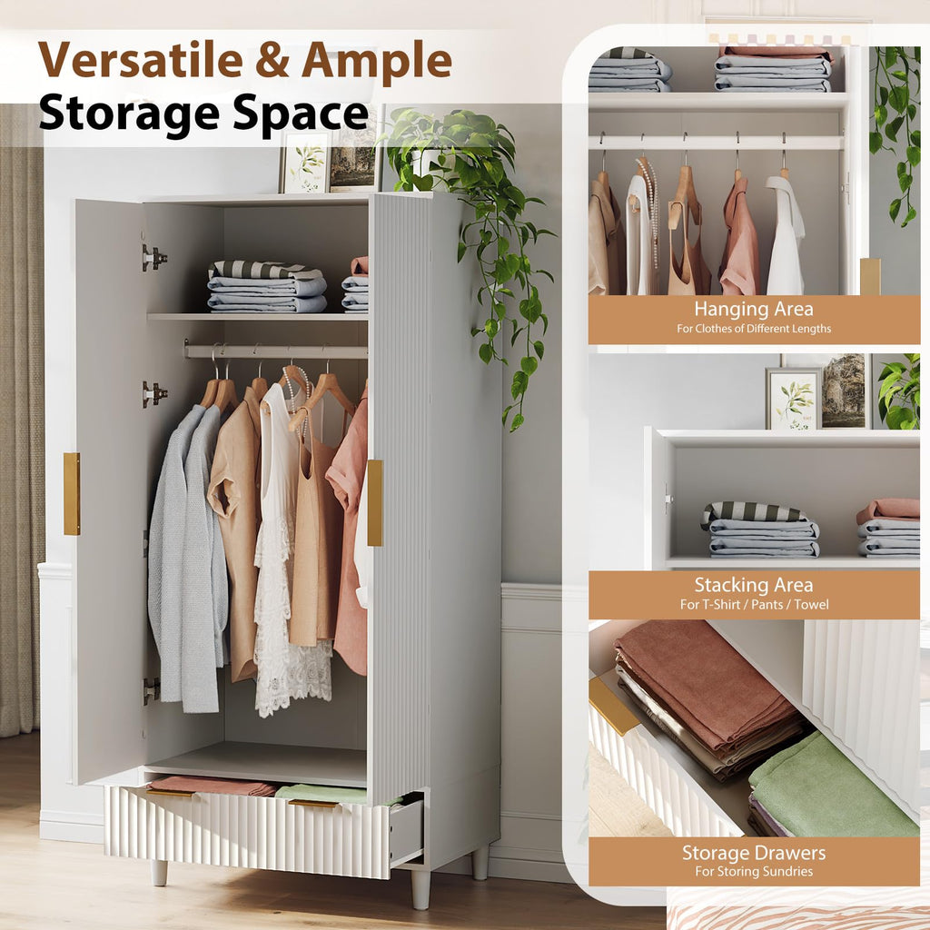 Fluted Wardrobe Closet Armoire with Doors And Drawers, White Wardrobe Cabinet with Hanging Rack, Bedroom Closet Wood
