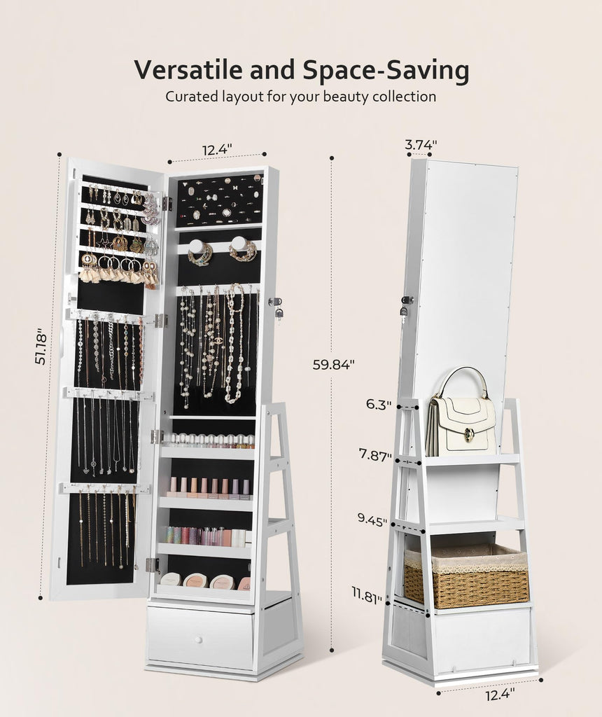 360° Swivel Jewelry Cabinet, Full Length Mirror, Lockable