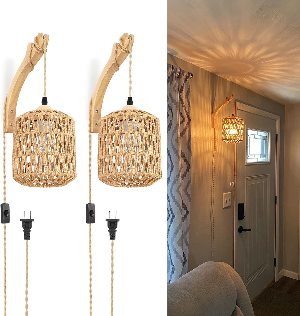 Frideko Plug in Wall Sconces Set of Two Hand Woven Lamp with Cord Rattan Lights Farmhouse Sconce Mounted Light Boho